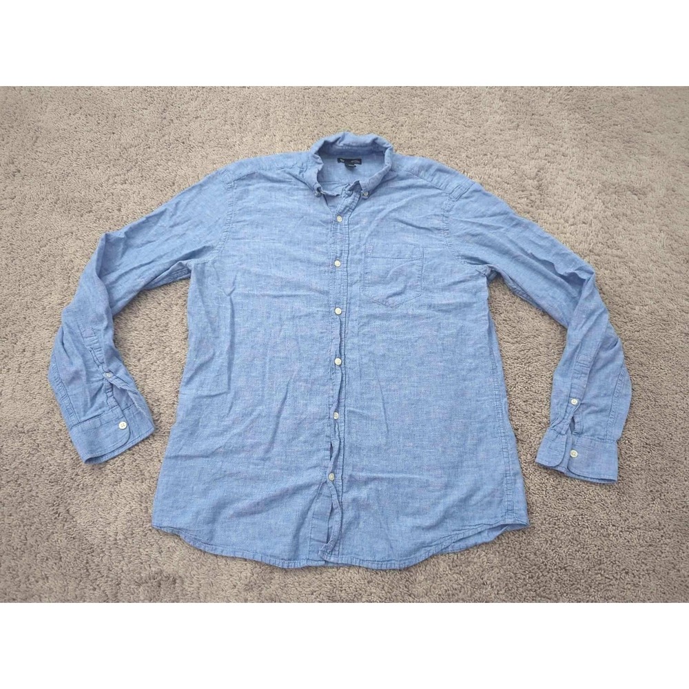 GAP Classic Fit Button Down Shirt Mens Large Long Sleeve Blue Linen Cotton Blend